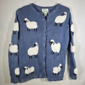 Quacker Factory Blue Sheep Motif Button-Up Cardigan Size Small